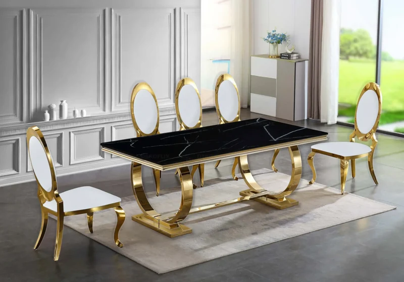 Table marbre noir et 4 chaises médaillon doré – Bobo