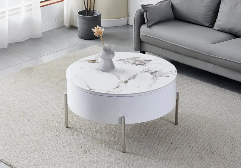 Table basse ronde chromée céramique marbre beige - Vega
