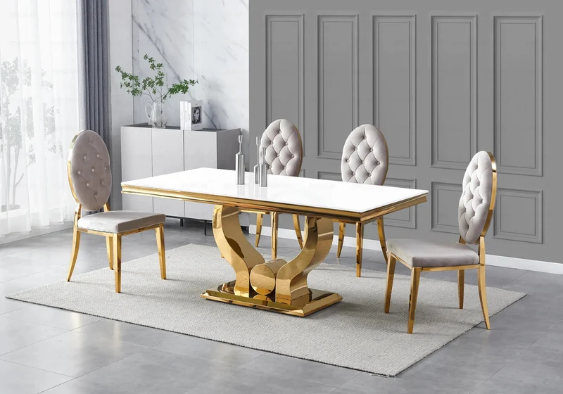 Table verre blanc et 4 chaises capitonnées doré – Omega