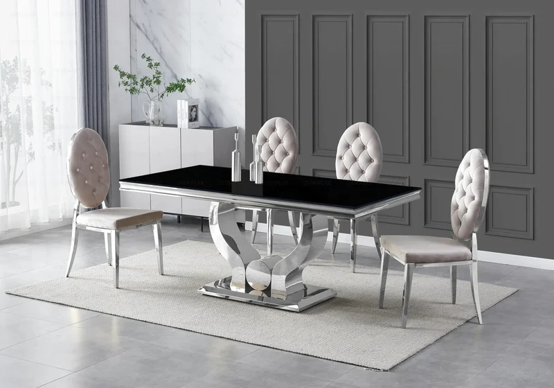 Table verre noir et 4 chaises capitonnées argent – Omega
