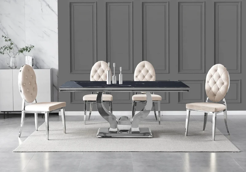 Table marbre noir et 4 chaises capitonnées argent – Omega