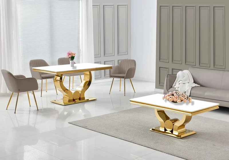 Salle à manger complète verre blanc doré – Omega