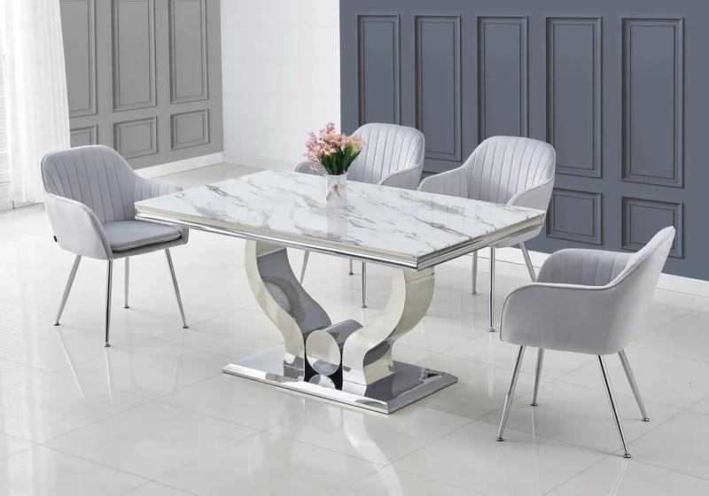 Ensemble table marbre blanc et chaises argent – Omega