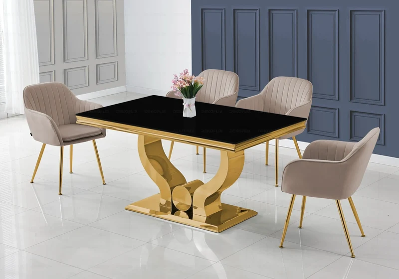Ensemble table verre noir et chaises dorés – Omega