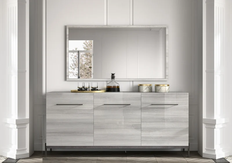 Buffet 3 portes gris argent laqué design - Mia