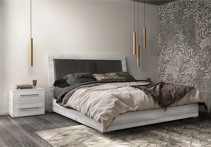 Lit adulte gris argent laqué et tête au choix - Mia