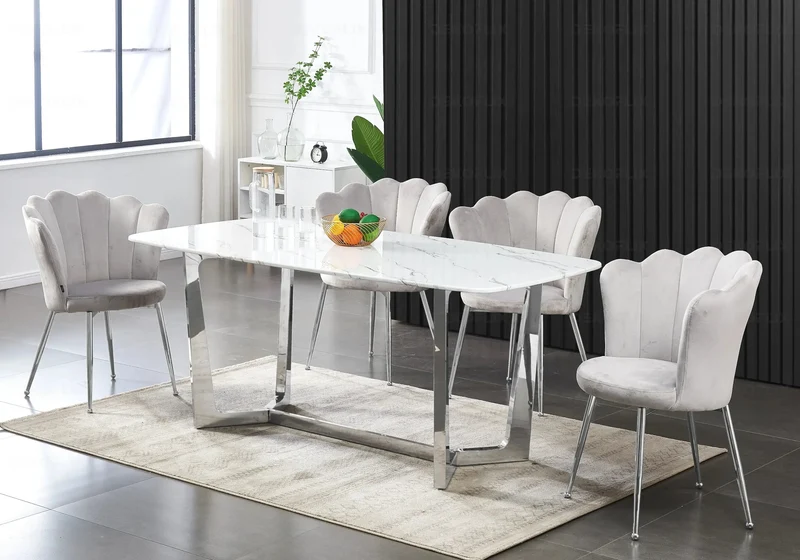 Table marbre blanc et 4 chaises argent - Gaya