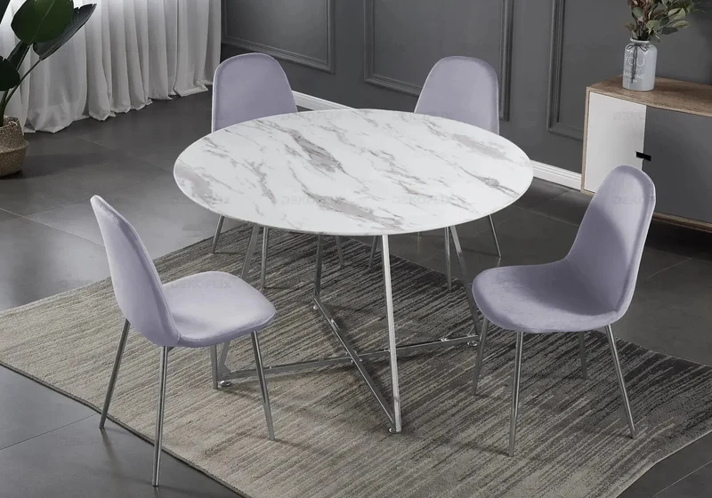 Table ronde marbre et 4 chaises argent - Gina