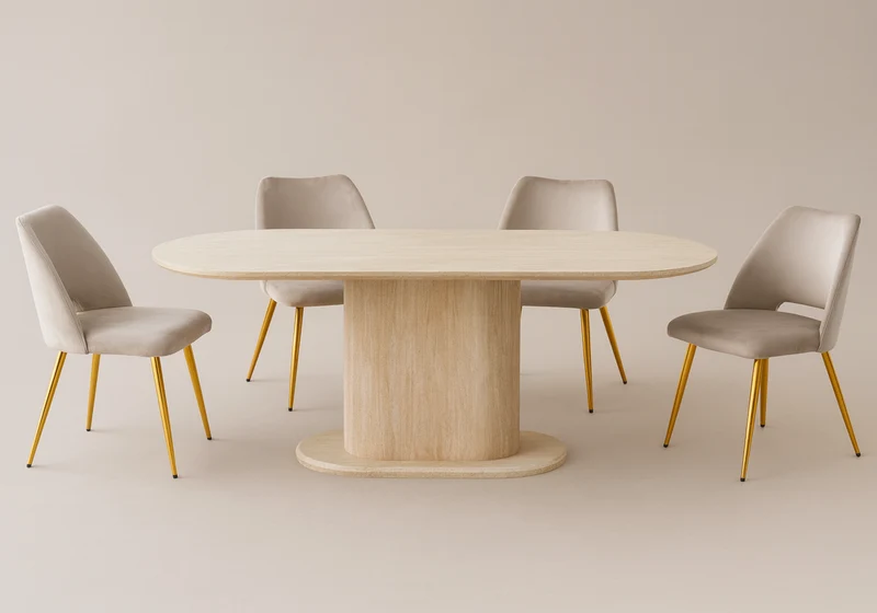 Ensemble table ovale travertin et 4 chaises - Inaya