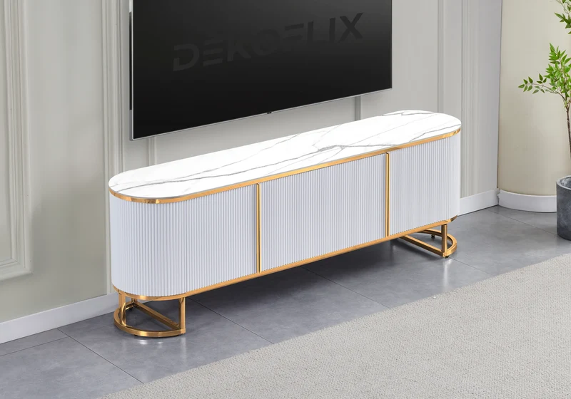 Meuble TV ovale cannelé marbre blanc doré - Nalia