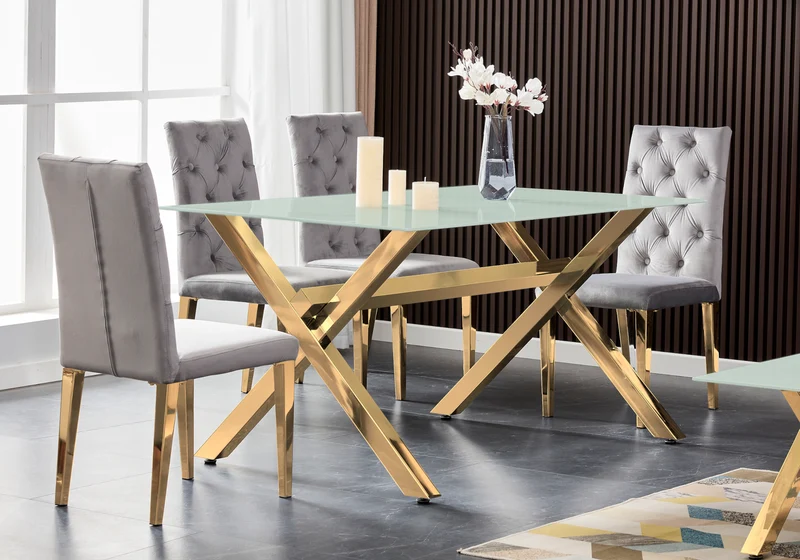 Table verre trempé et 4 chaises X dorées - Cross