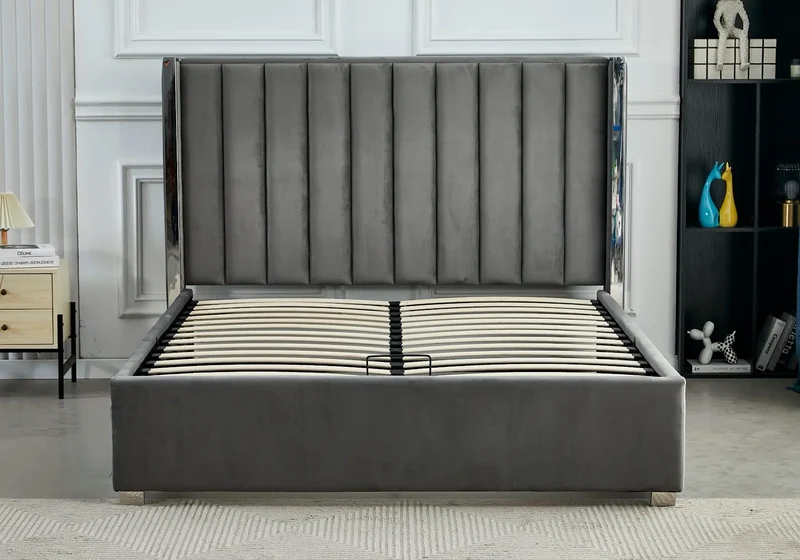 Lit coffre velours gris argenté avec sommier - Jade