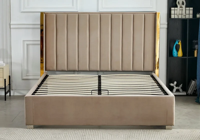 Lit coffre velours taupe doré avec sommier - Jade