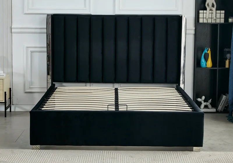 Lit coffre velours noir argenté avec sommier - Jade