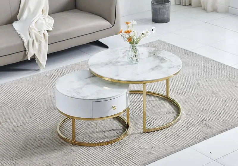 Tables rondes gigognes dorées marbre beige - Orea