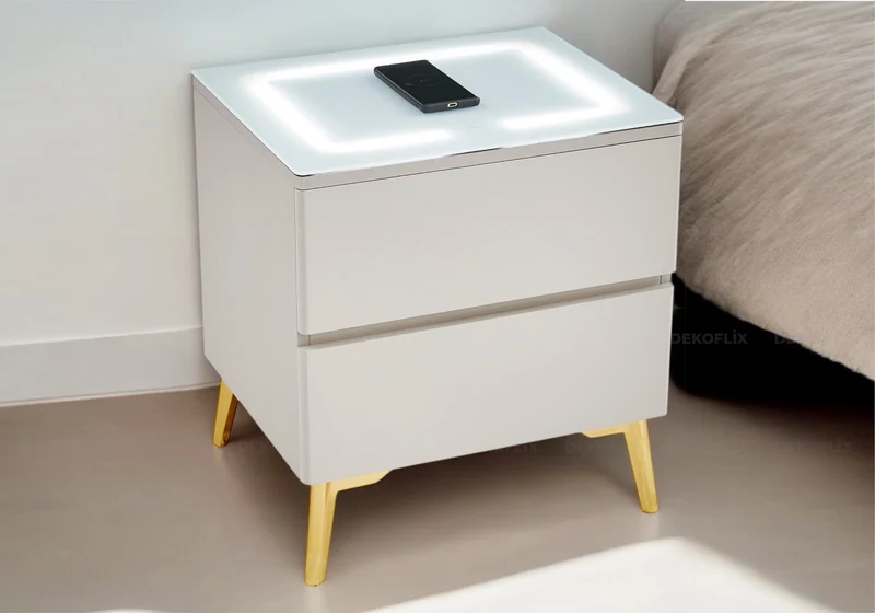 Table chevet led chargeur taupe doré - Leni