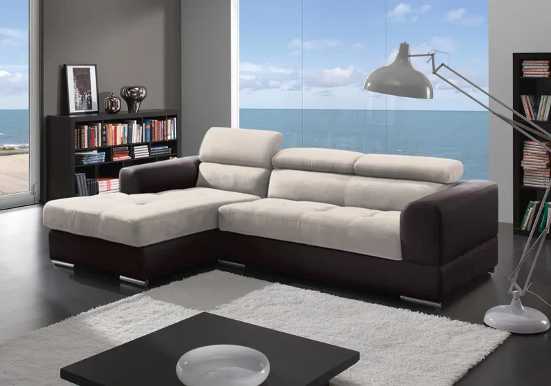Canapé d'angle modulable cuir marron tissu beige - Alexa