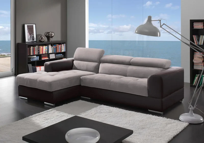 Canapé d'angle modulable cuir marron tissu taupe - Alexa