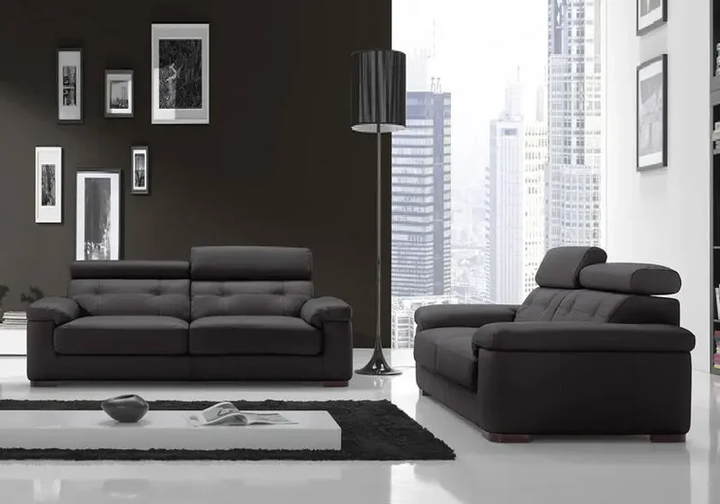 Canapé droit convertible cuir noir têtières - Aaron