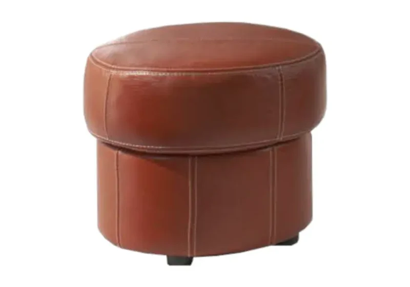 Pouf repose-pied rond en cuir marron - Paul