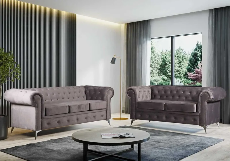 Canapé Chesterfield velours gris - Hugo