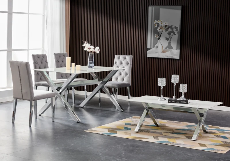 Salle à manger marbre blanc pieds X argent - Cross
