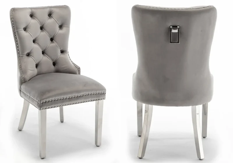 Chaises en velours gris avec poignée argentée - Lora x2