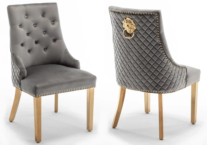 Chaise capitonnée velours anthracite tête de lion dorée - Lion x2