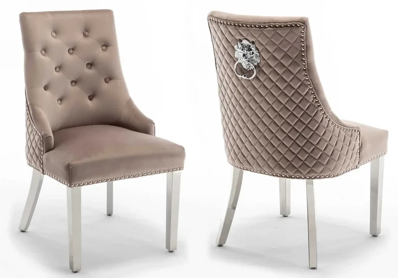 Chaise capitonnée velours moka tête de lion argent - Lion x2
