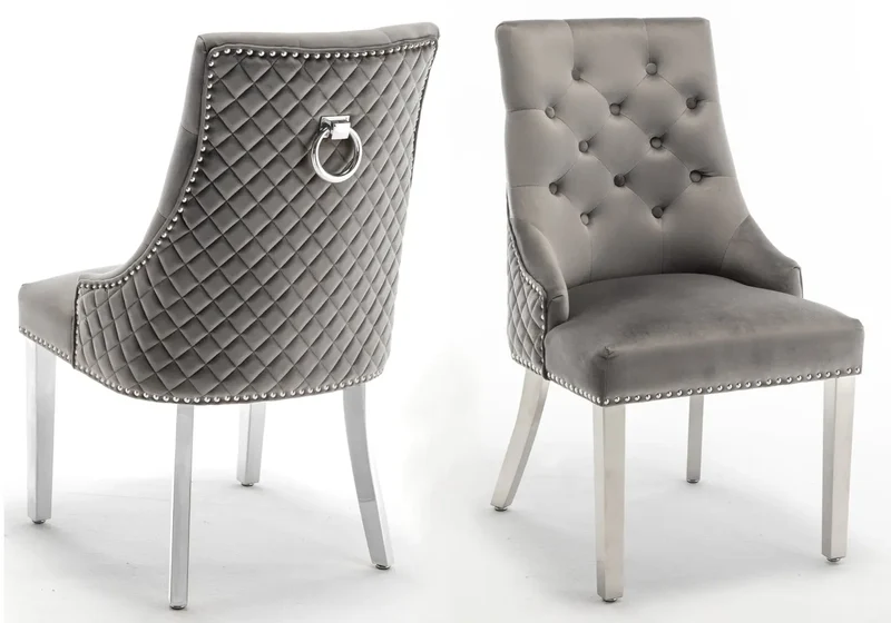 Chaise capitonnée velours anthracite anneau argent - Lidy x2