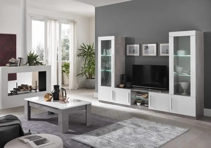 Mur TV LED béton blanc laqué GRETA