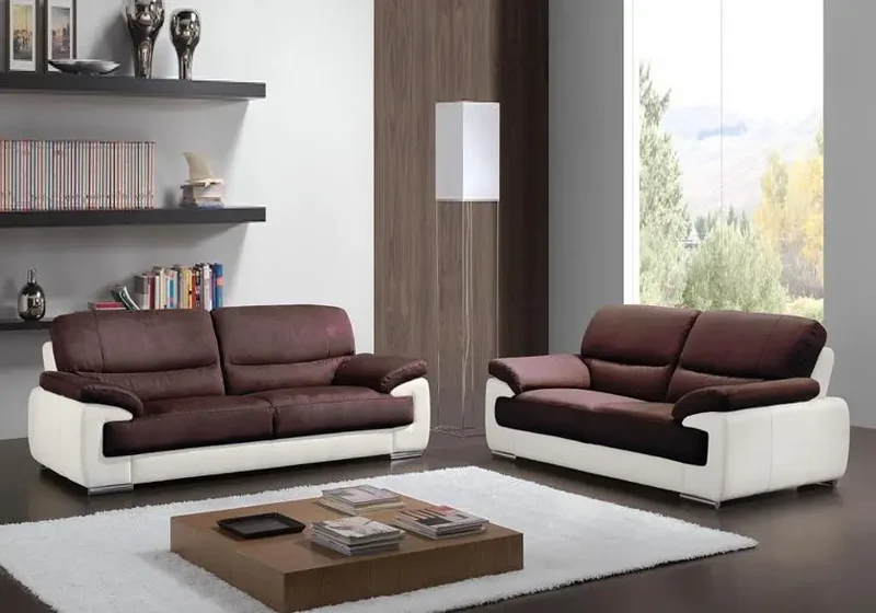 Canapé droit bicolore en cuir et microfibre choco - Anne