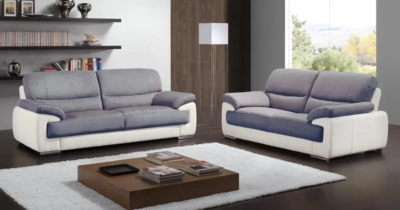 Canapé droit bicolore en cuir et microfibre gris - Anne