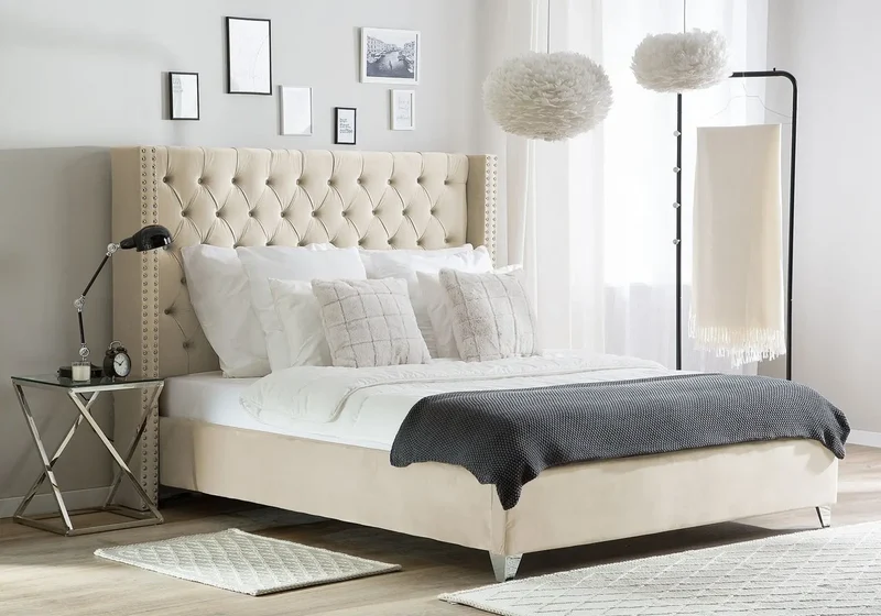 Lit king size velours beige capitonné - Chester